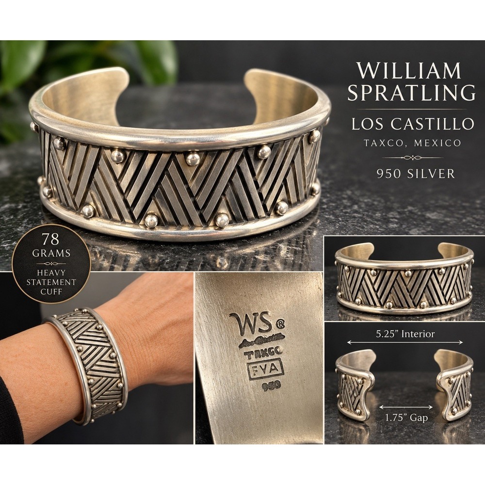 William Spratling Los Castillo Taxco Mexico 950 Silver Wide Cuff Bracelet 78g WS